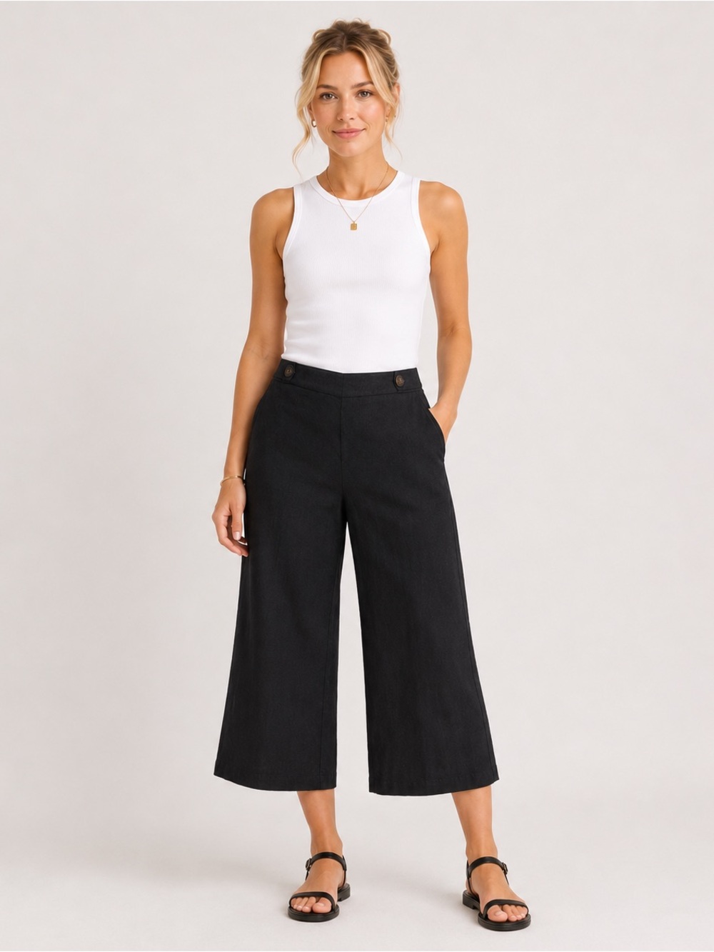 Laura Petites -  Black Linen Blend Wide Leg Cropped Pants -  Size 6